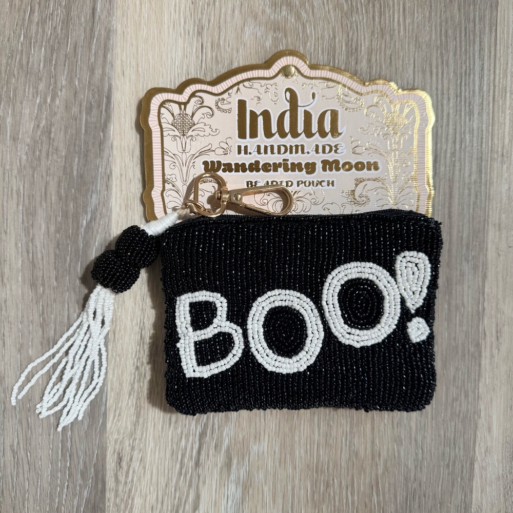 Halloween Boo Ghost Black and White Beaded Pouch Coin Card Bag